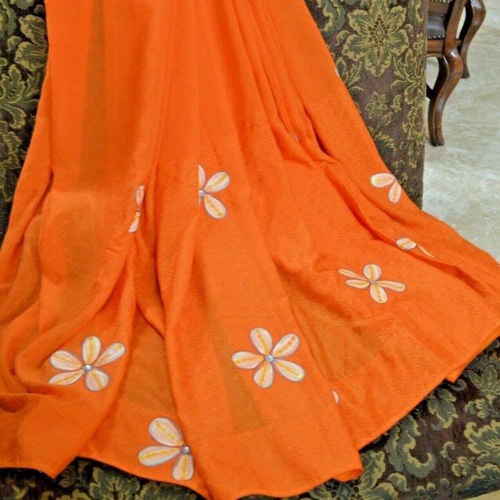 **** NEW LOVELY ORANGE PAINTED SARI FABRIC DRAPES !!!! + FREE GIFT